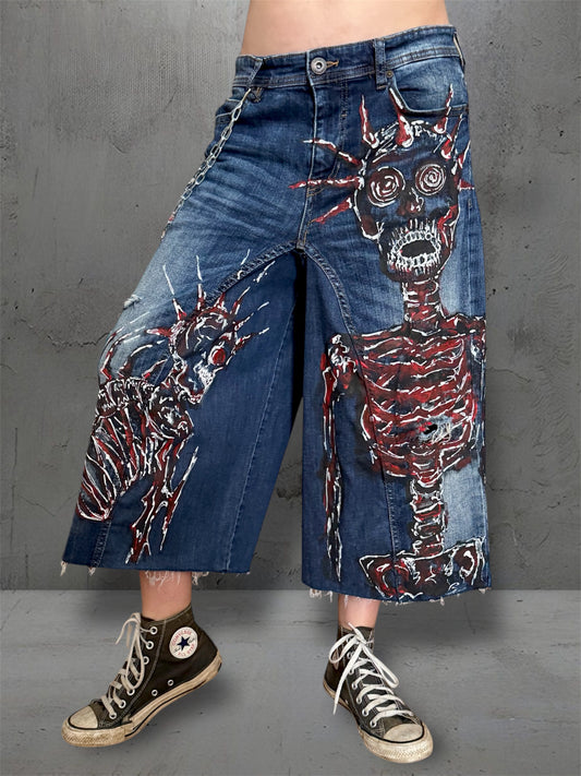 “Skull” 1/1 upcycled hand painted jorts