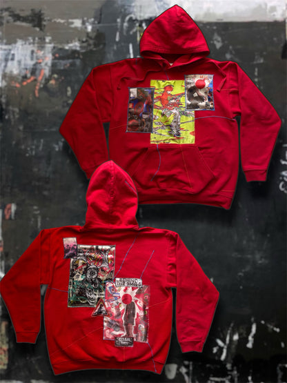 “George” red hoodie with stitched art
