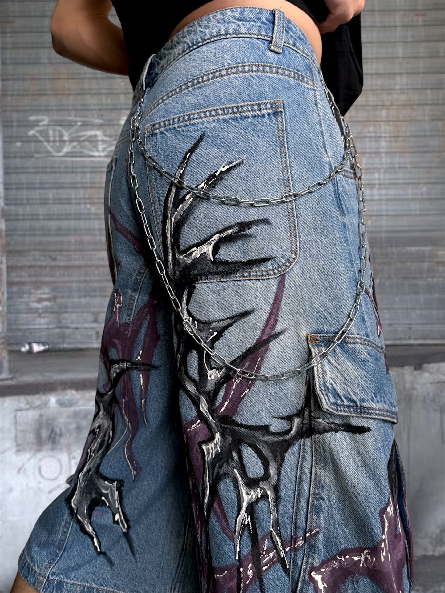 1/1 blue upcycled hand painted jorts