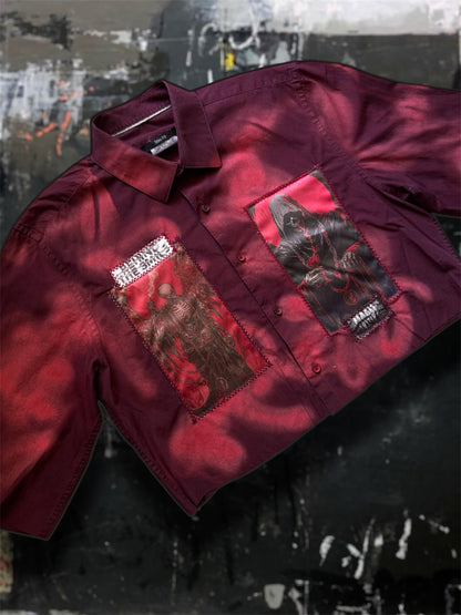 Sprayed light dark red shirt with art pictures