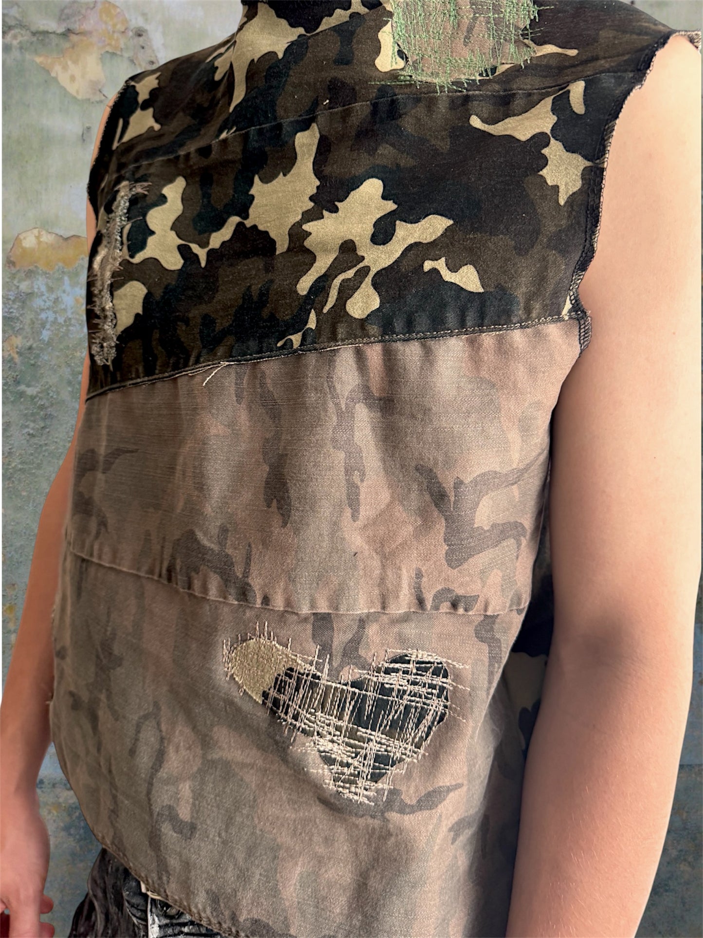 Camouflage upcycled denim top