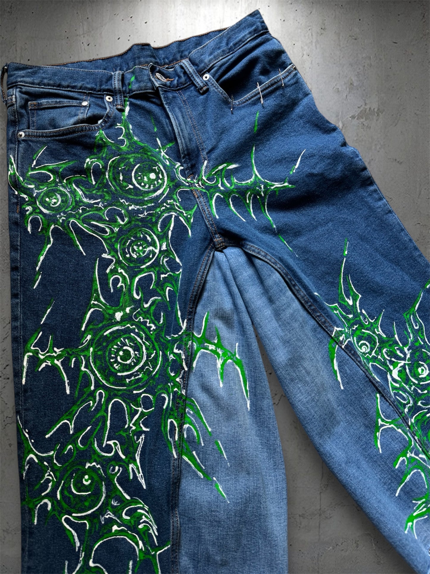 “Eye virus” 1/1 blue upcycled hand painted jorts