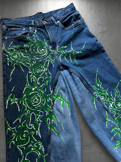 “Eye virus” 1/1 blue upcycled hand painted jorts