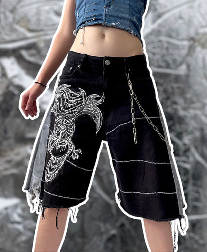 Wide denim shorts with 3D art