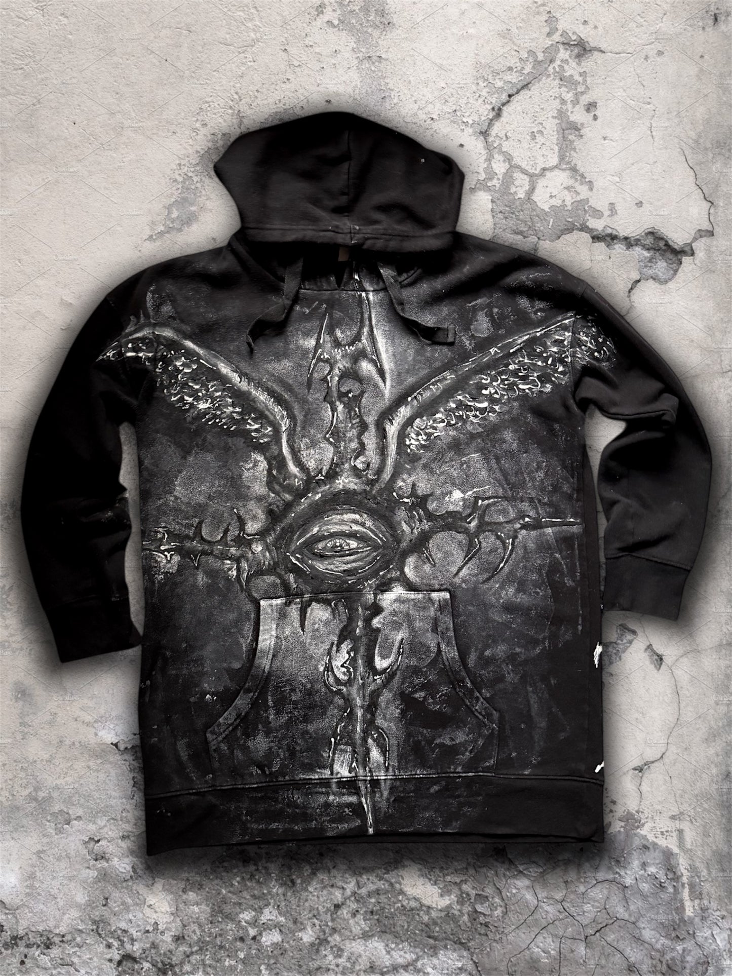“Eye contact” hand painted black hoodie