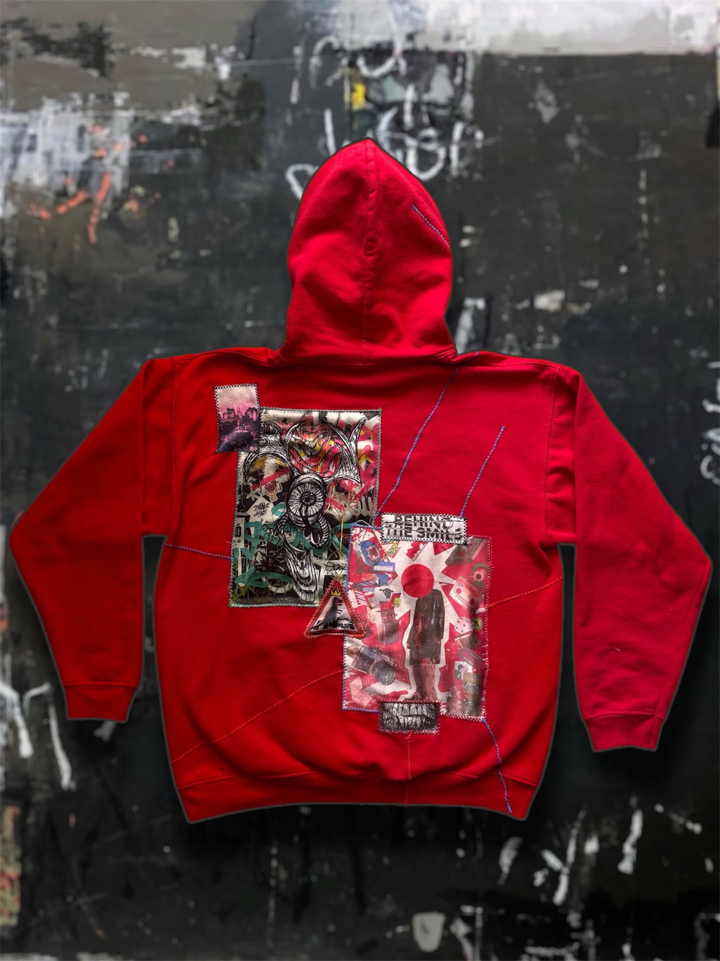 “George” red hoodie with stitched art