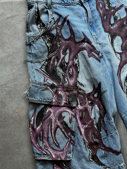 1/1 blue upcycled hand painted jorts