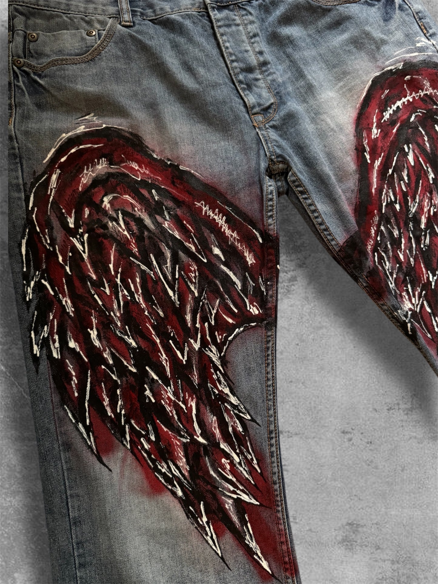 “Wings” Hand painted blue jeans