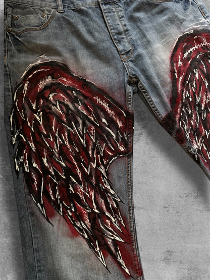 “Wings” Hand painted blue jeans