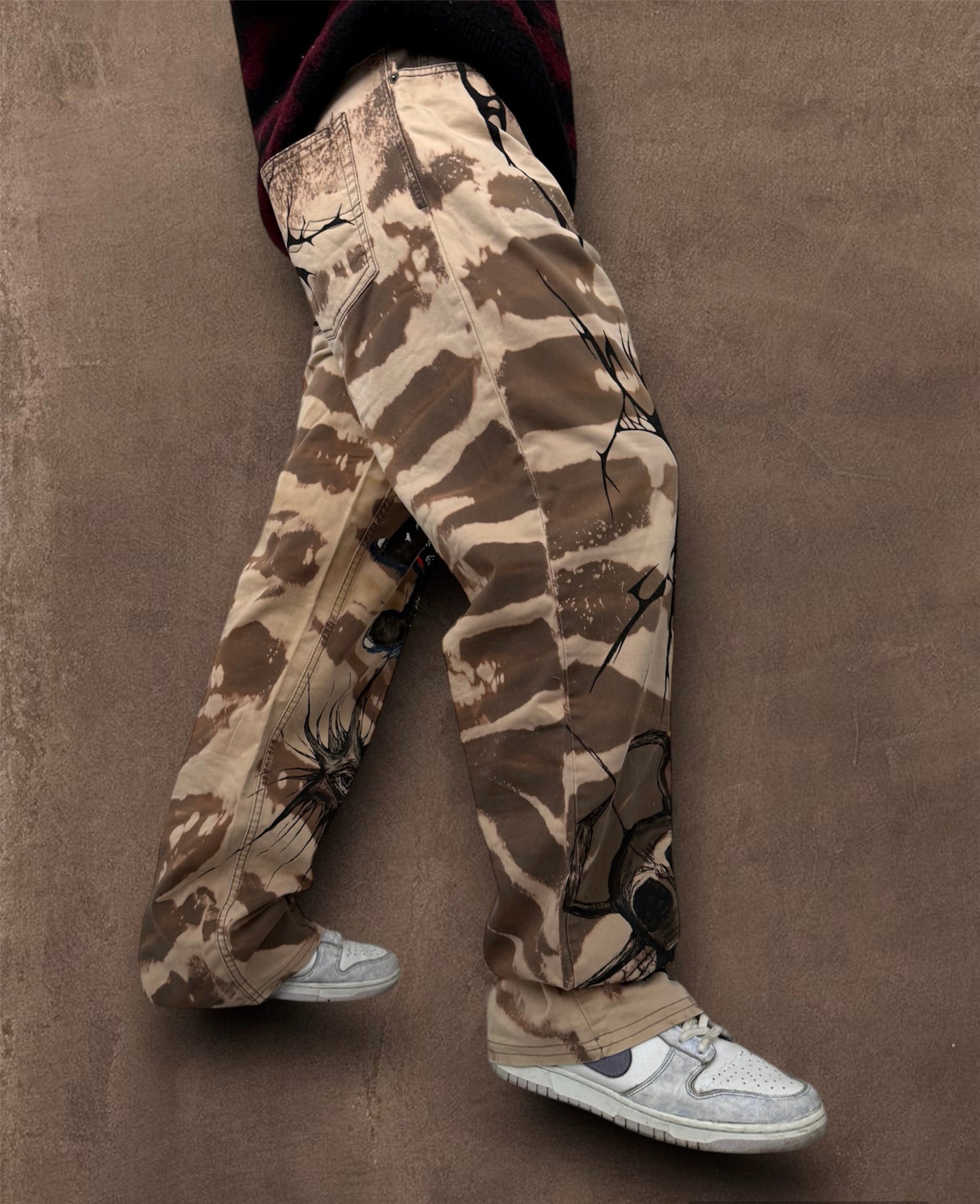 “Skull punk” bleached hand painted trousers