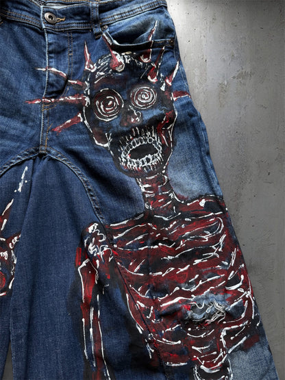 “Skull” 1/1 upcycled hand painted jorts