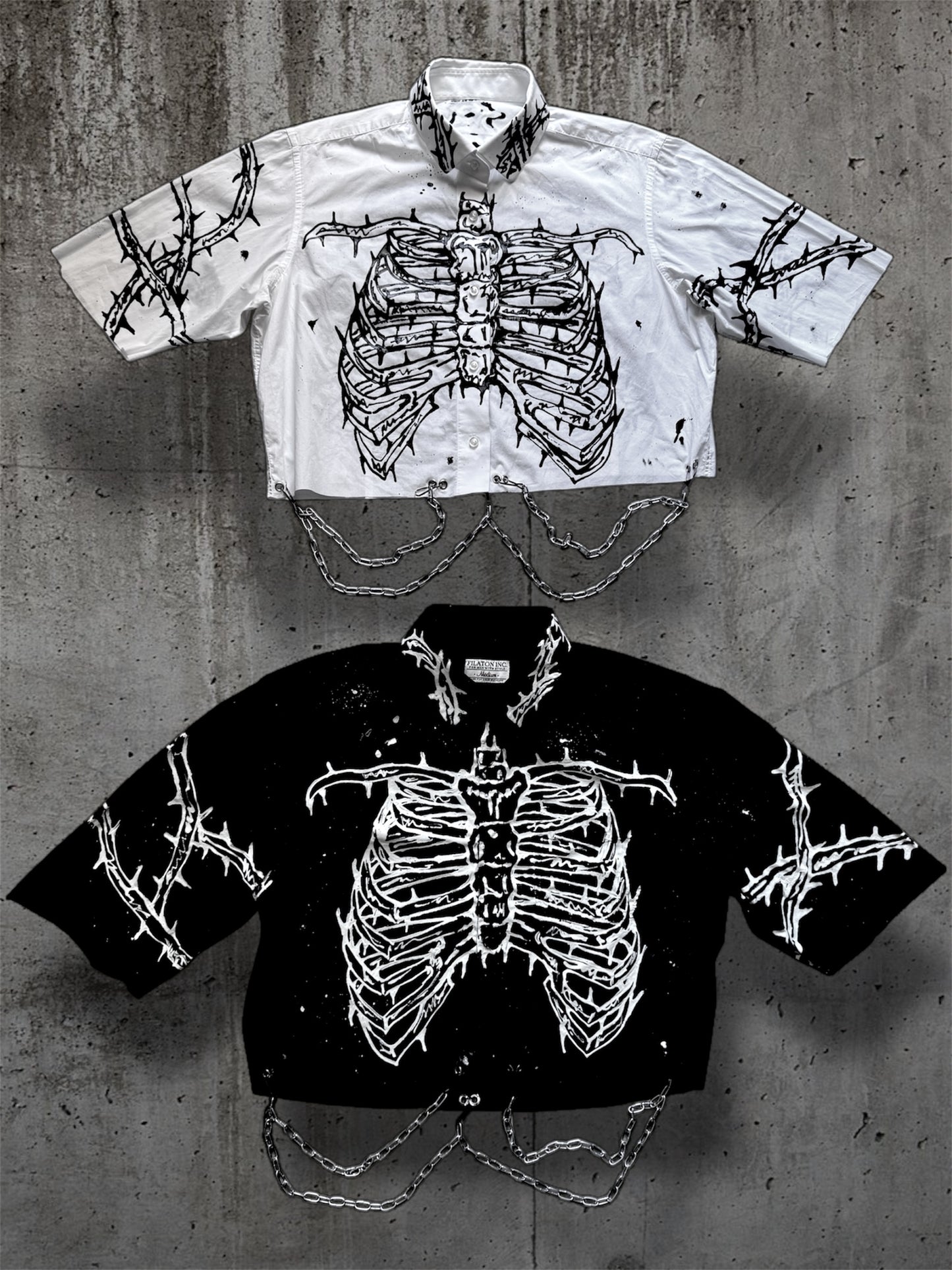 Cropped hand painted black shirt with chains “RIBS”