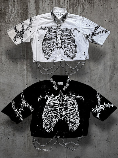 Cropped hand painted black shirt with chains “RIBS”