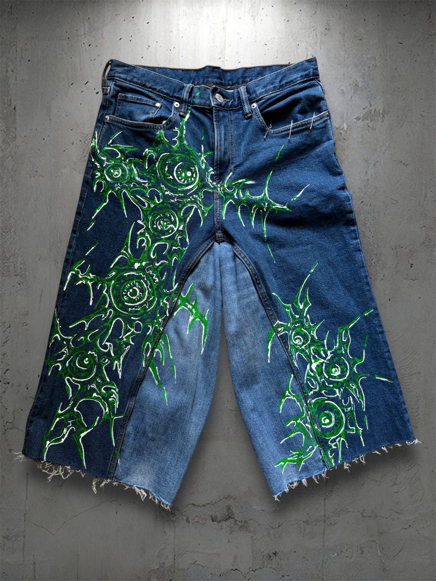 “Eye virus” 1/1 blue upcycled hand painted jorts