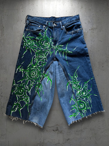 “Eye virus” 1/1 blue upcycled hand painted jorts