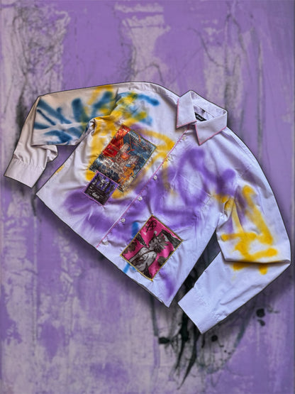 Sprayed light purple shirt with art pictures