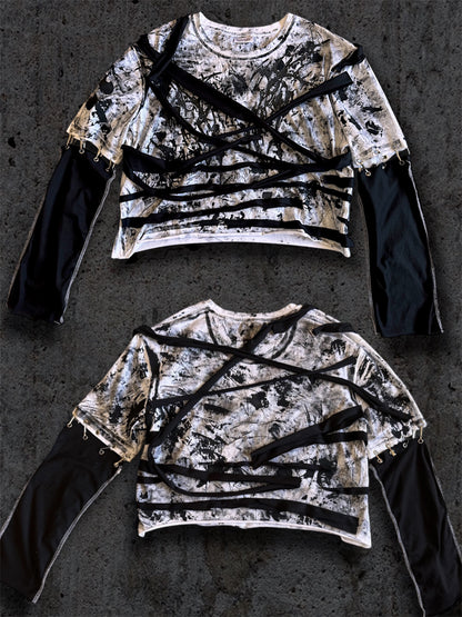 Upcycled black and white cropped T-shirt