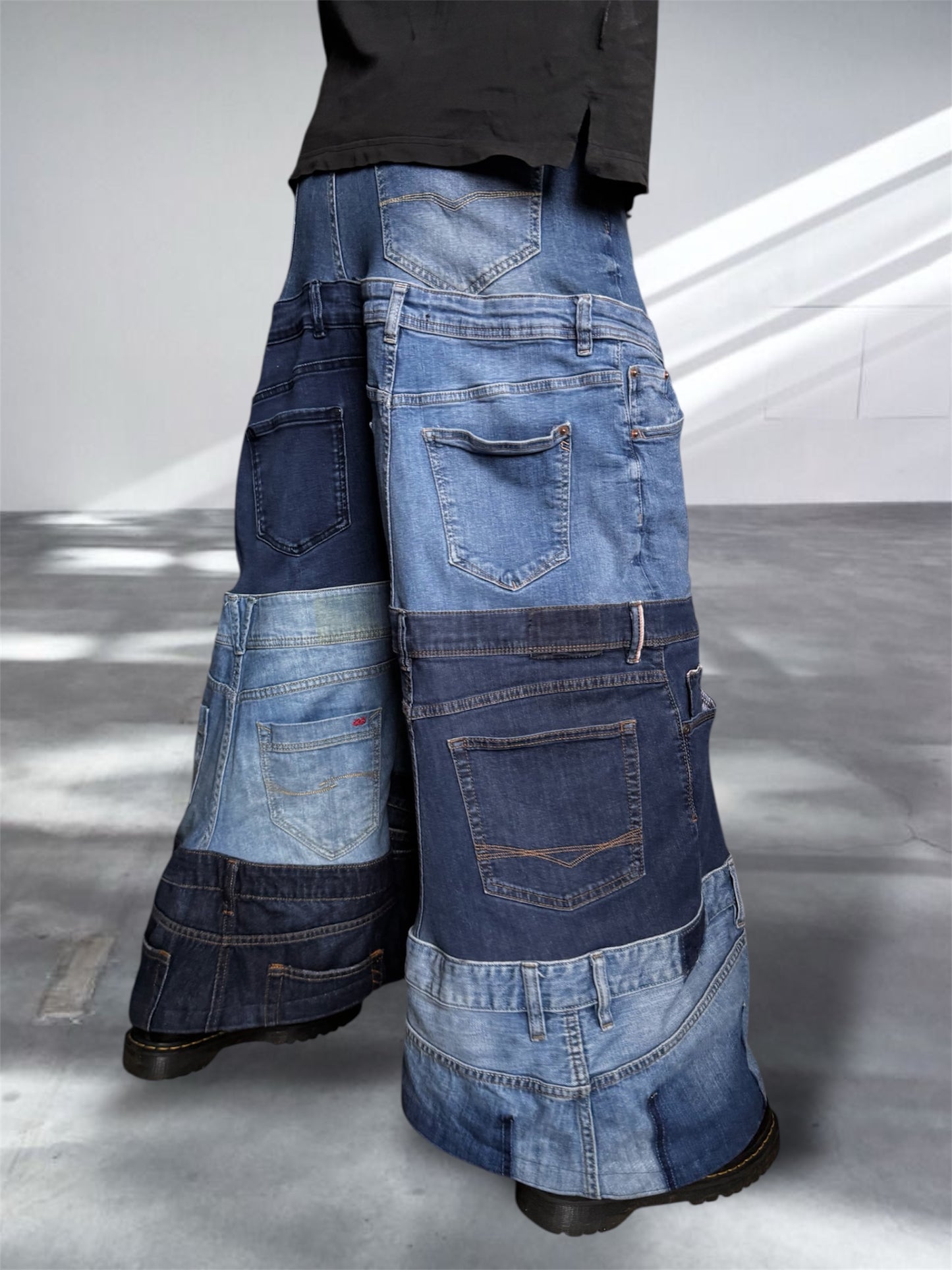 Baggy blue jeans created out of denim jeans tops