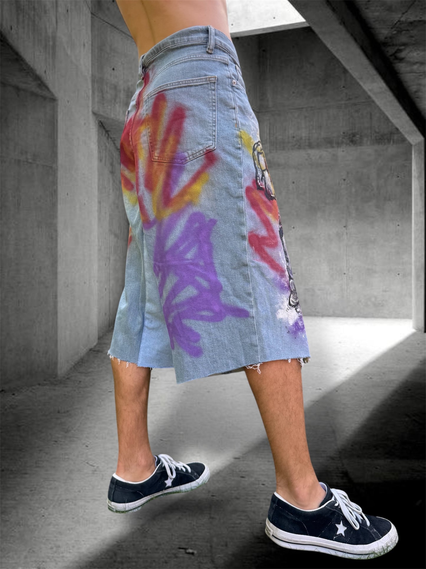 “Skater punk” 1/1 upcycled hand painted jorts