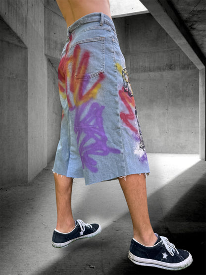 “Skater punk” 1/1 upcycled hand painted jorts
