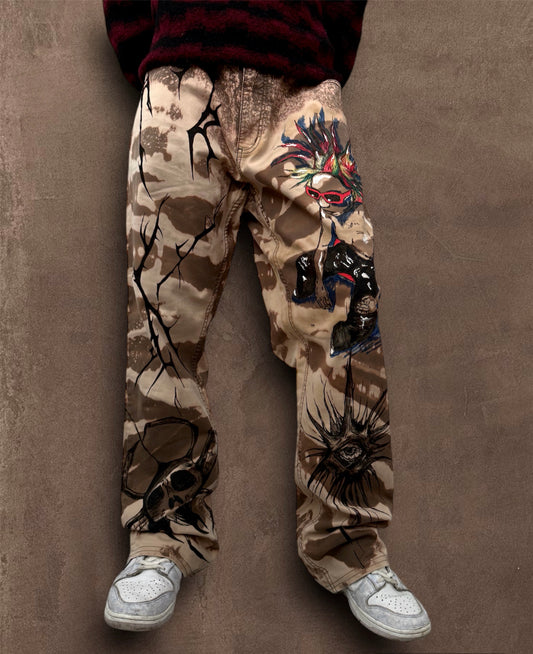 “Skull punk” bleached hand painted trousers
