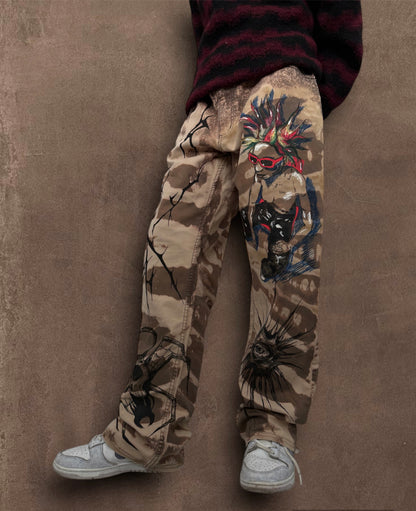 “Skull punk” bleached hand painted trousers