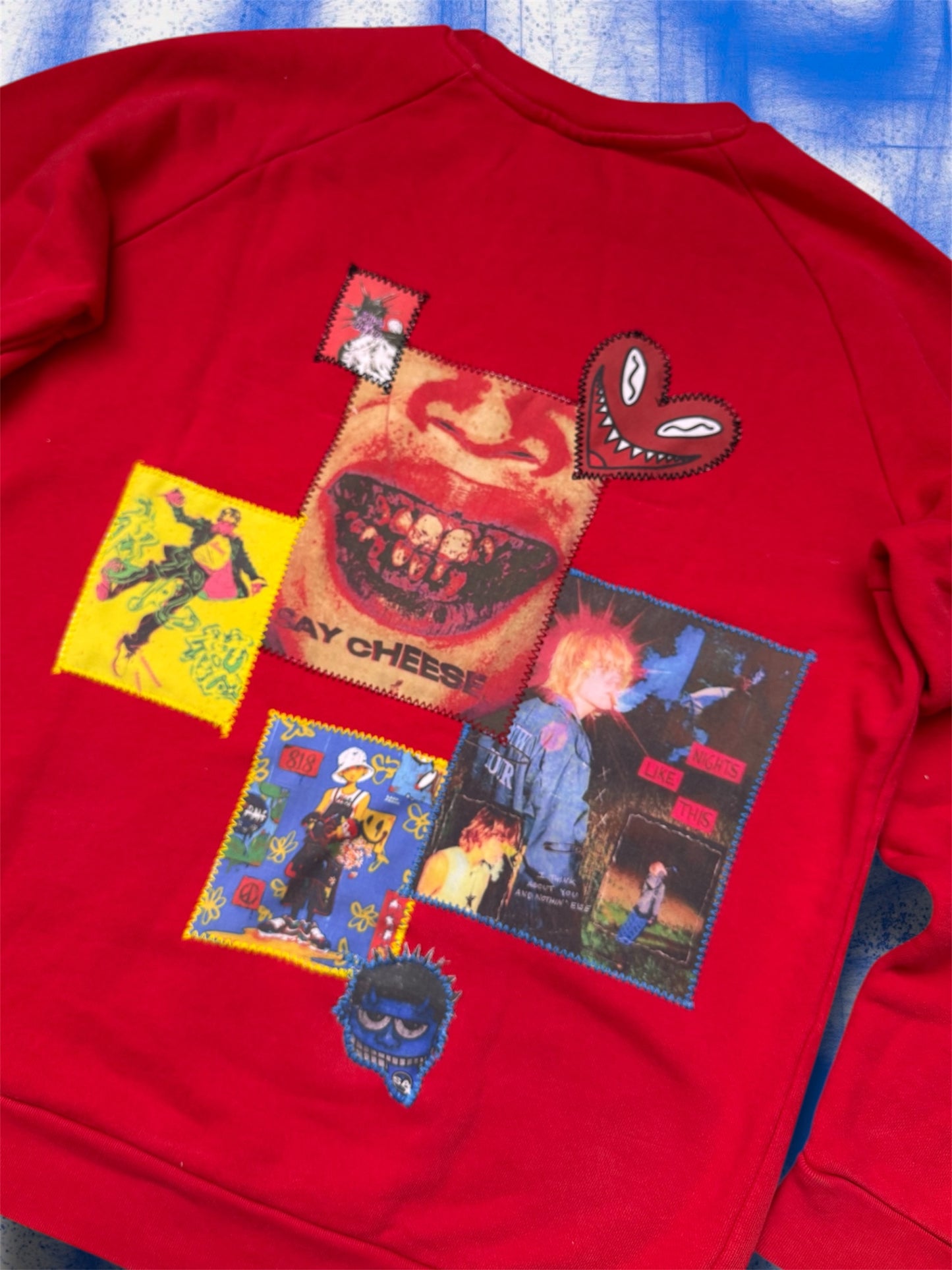 “Say cheese” upcycled red sweatshirt