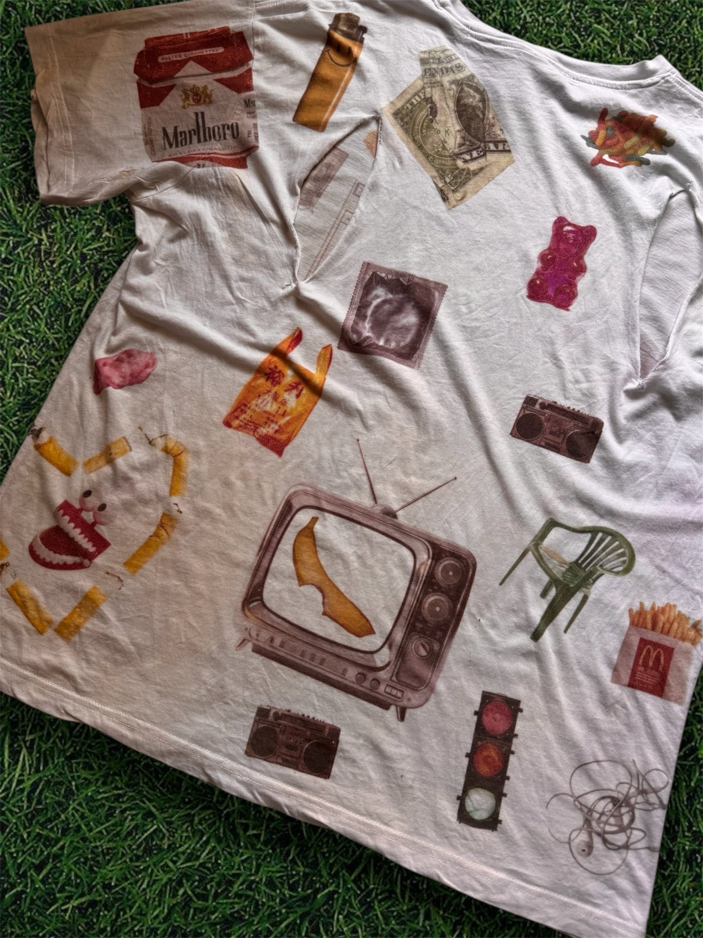 “Lunch” 1/1 upcycled white T-shirt