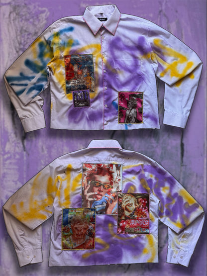 Sprayed light purple shirt with art pictures