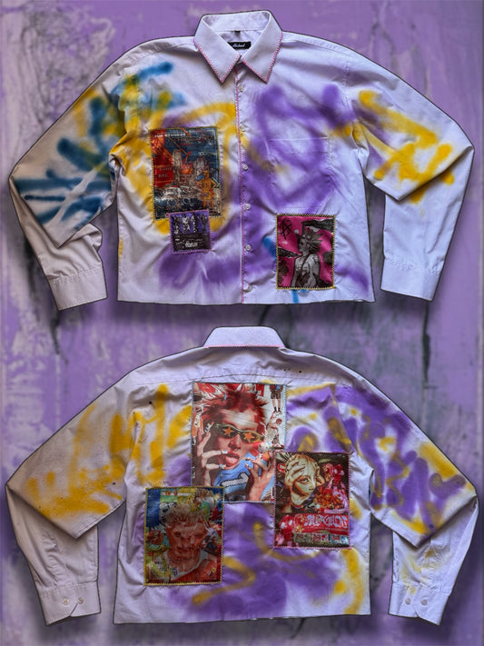 Sprayed light purple shirt with art pictures
