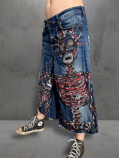 “Skull” 1/1 upcycled hand painted jorts