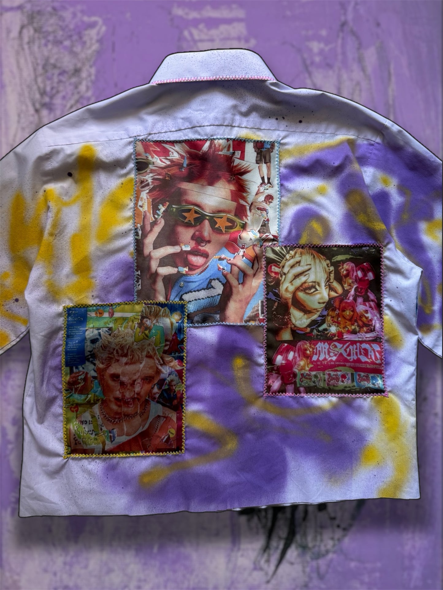 Sprayed light purple shirt with art pictures