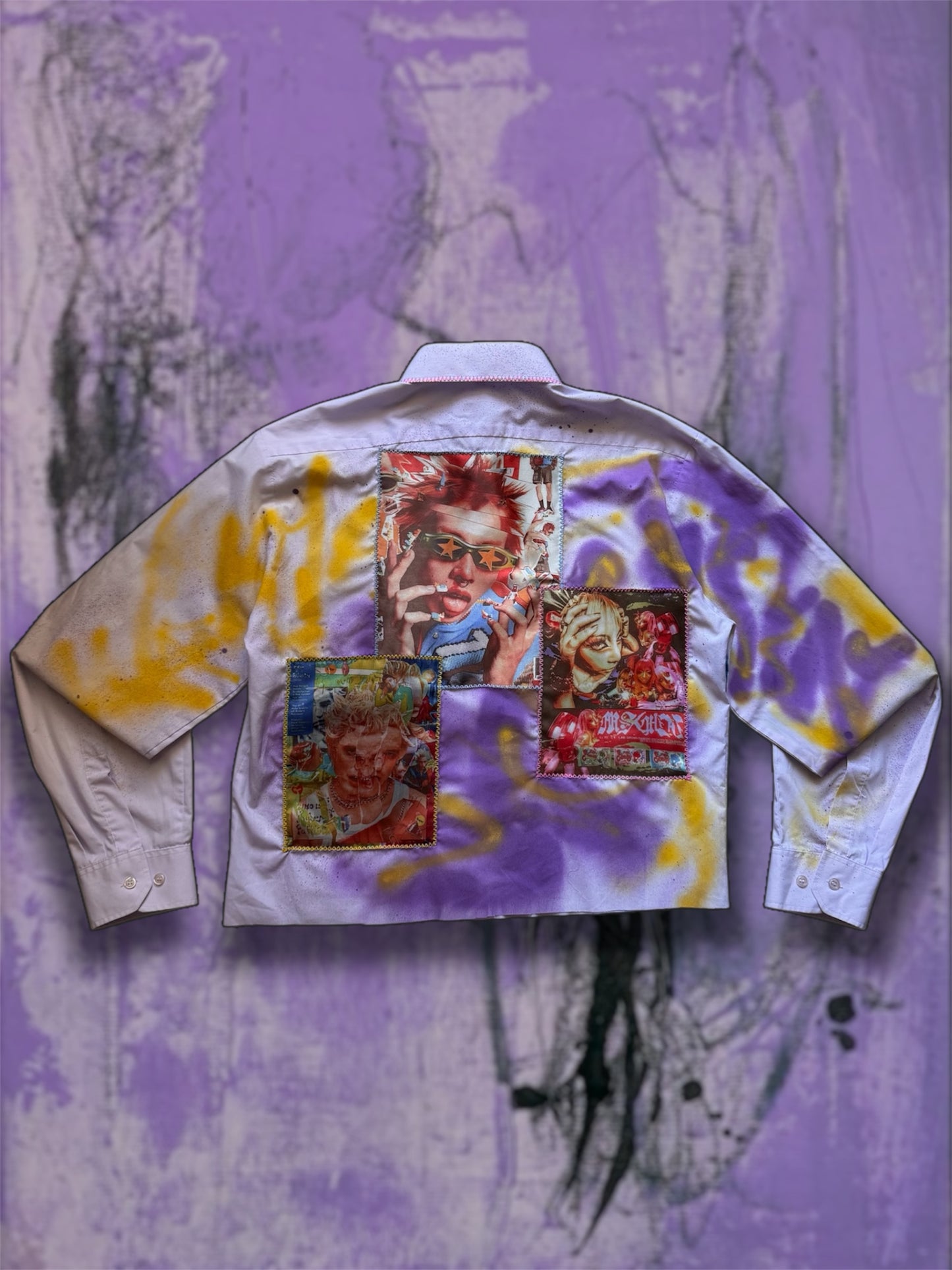 Sprayed light purple shirt with art pictures