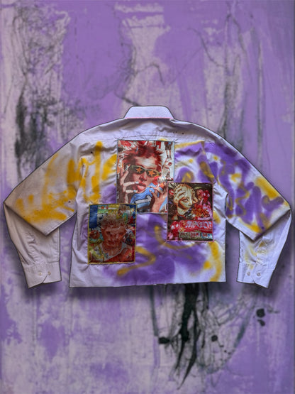 Sprayed light purple shirt with art pictures