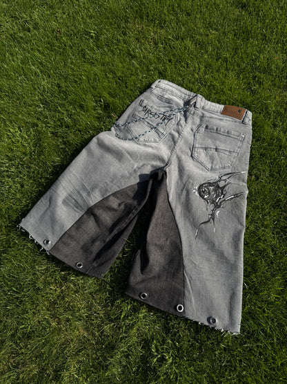 “Sharpeye” upcycled hand painted jorts