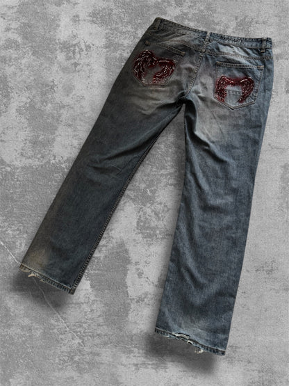 “Wings” Hand painted blue jeans