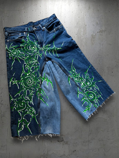 “Eye virus” 1/1 blue upcycled hand painted jorts