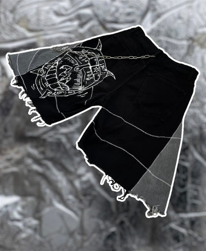 Wide denim shorts with 3D art