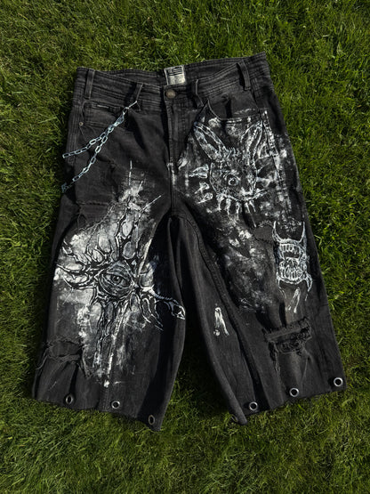 “Rabbit eye” 1/1 upcycled hand painted jorts