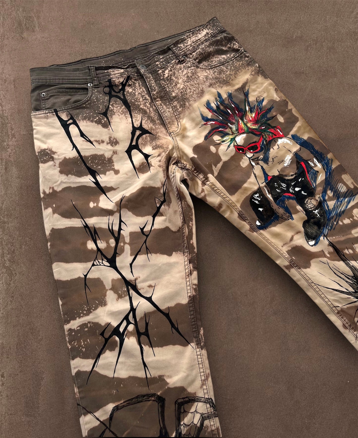 “Skull punk” bleached hand painted trousers