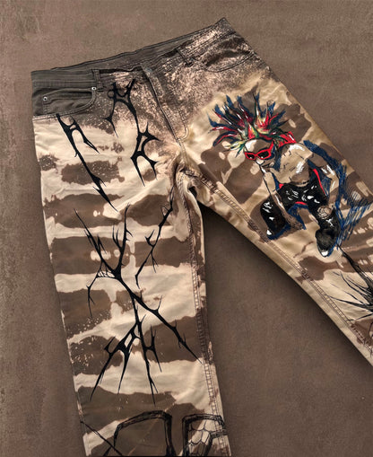 “Skull punk” bleached hand painted trousers