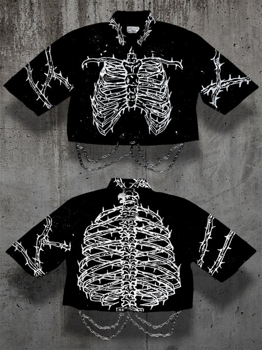 Cropped hand painted black shirt with chains “RIBS”