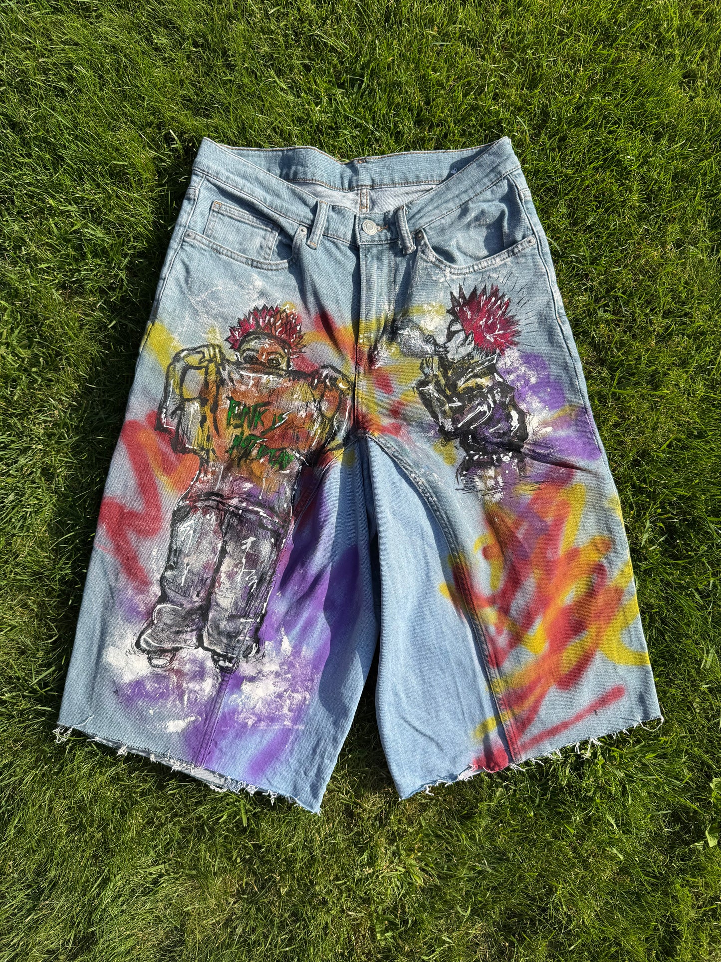 “Skater punk” 1/1 upcycled hand painted jorts