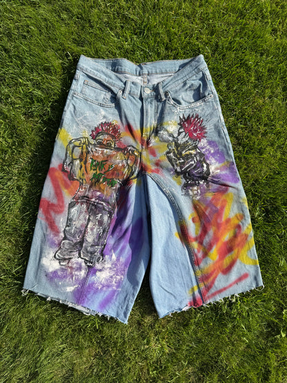 “Skater punk” 1/1 upcycled hand painted jorts