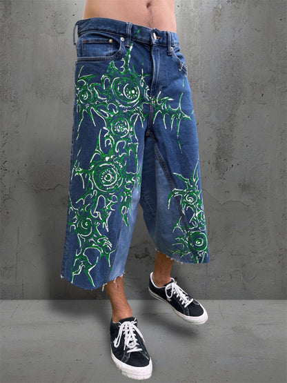 “Eye virus” 1/1 blue upcycled hand painted jorts