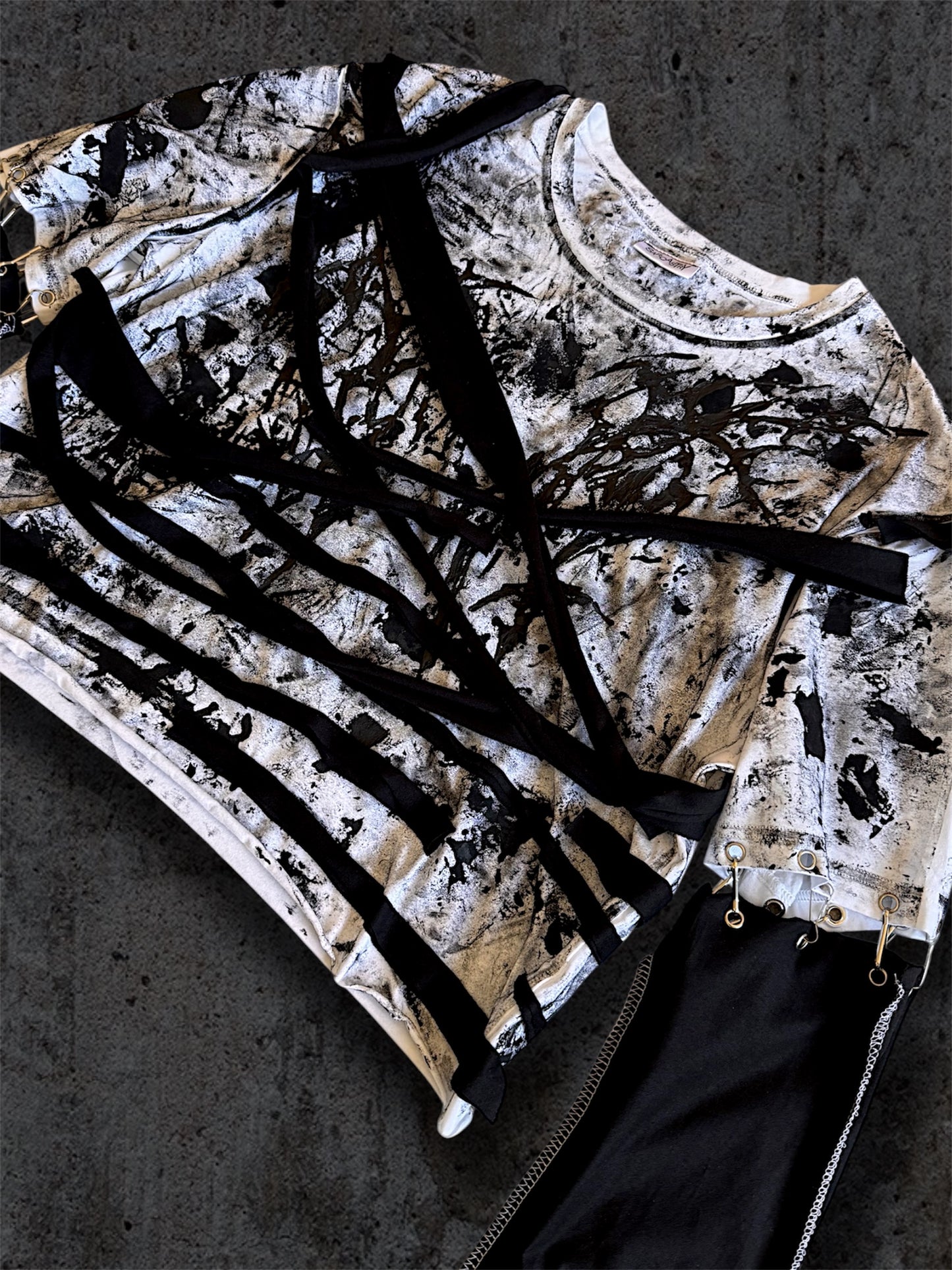 Upcycled black and white cropped T-shirt