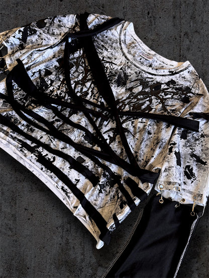 Upcycled black and white cropped T-shirt