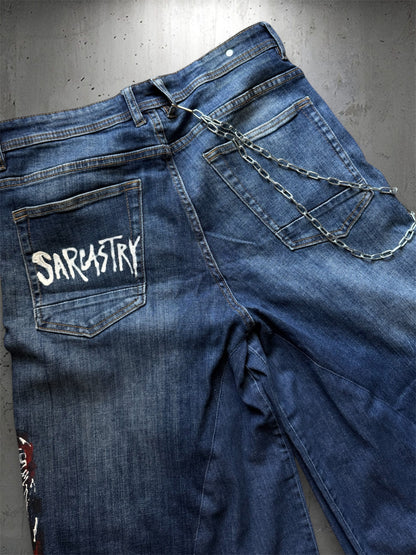 “Skull” 1/1 upcycled hand painted jorts