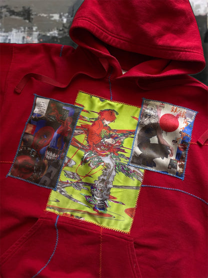“George” red hoodie with stitched art