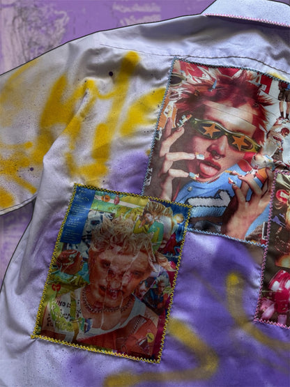 Sprayed light purple shirt with art pictures